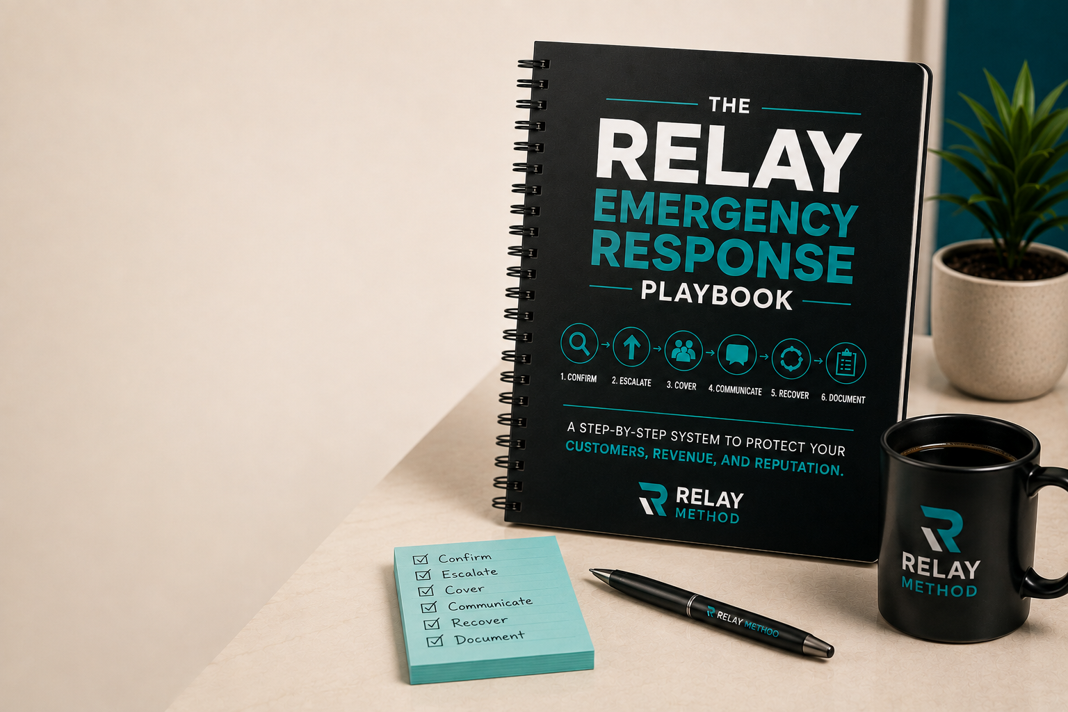 The Relay Emergency Response Playbook notebook, mug, and pen on a desk